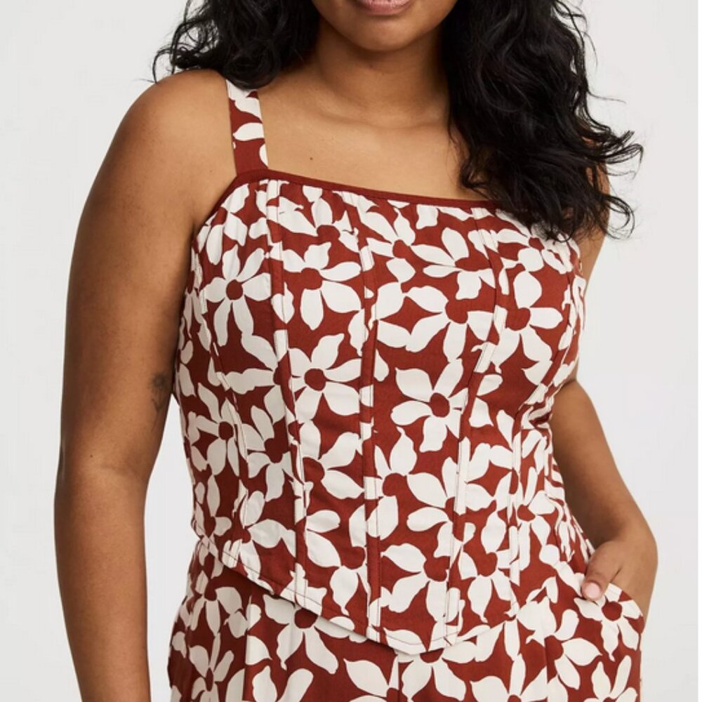 Floral Print Women's Blouse Burnt Orange White Tank Top Shirt Adjustable